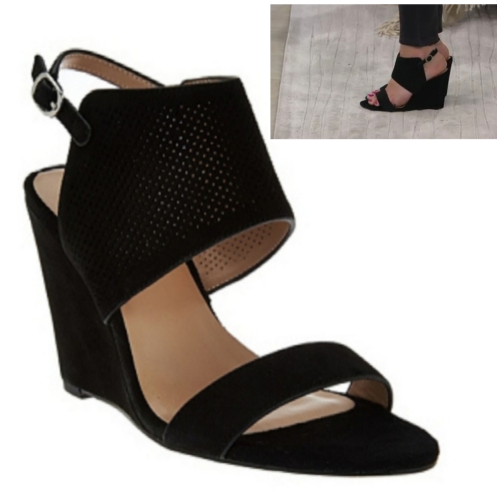 Suede Leather Black High Heel Wedge Sandals H by Halston